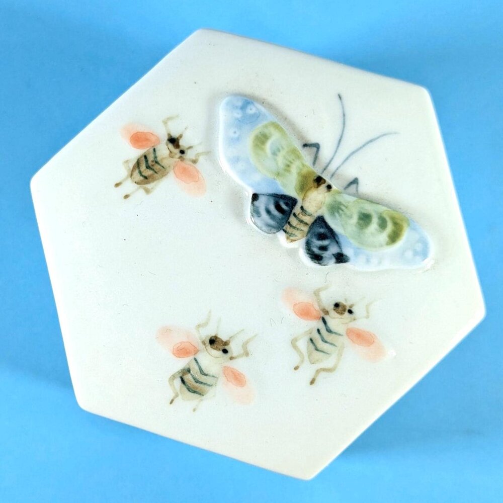 Vintage Chinese Hexagonal porcelain box with insect decorations, ceramic